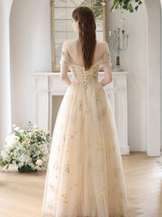 Light Champagne Floral Tulle Off Shoulder Party Dress