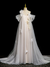 Vestido de fiesta de boda largo con escote redondo de tul color marfil con flores