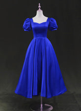 Vestido de fiesta de boda de satén azul real hasta la rodilla