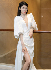 Beautiful White Puffy Sleeves Long Party Dress with Leg Slit