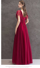 Wine Red Lace Beaded Puffy Sleeves Party Dress