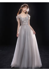 Light Grey Beaded Off Shoulder Tulle A-line Junior Prom Dress