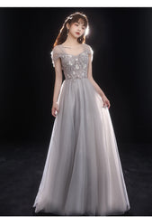 Light Grey Beaded Off Shoulder Tulle A-line Junior Prom Dress