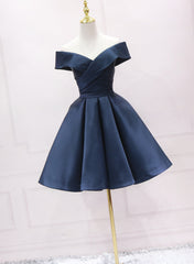 Vestido de dama de honor de satén azul marino con hombros descubiertos y vestido de fiesta
