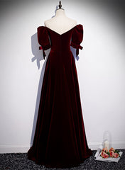 Wine Red Velvet Floor Length Short Sleeves Party Dress