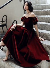 Wine Red Velvet Tea Length Off Shoulder Party Dress