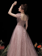 Vestido formal de tul rosa con mangas cortas y corte A hasta el suelo