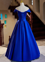 Vestido de noche largo de satén azul real con corte en A