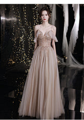 Charming V-neckline Beaded Tulle Straps Prom Dress