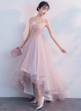 Pink V-neckline High Low Formal Dress