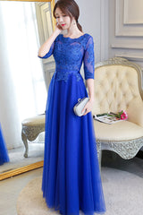 Blue Lace and Tulle 1/2 Sleeves Long A-line Bridesmaid Dress