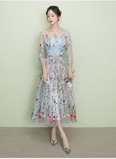 Light Blue Tea Length Lace Floral Wedding Party Dress