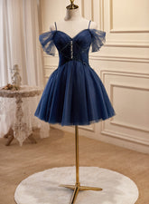 Vestido de fiesta corto de tul azul marino con cuentas