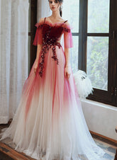 Beautiful Tulle Gradient Dark Red A-line Long Prom Dress