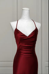 Wine Red Satin Mermaid Straps Low Back Prom Dress