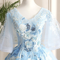 Light Blue Ball Gown V-neckline Puffy Sleeves Party Dress