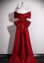 Wine Red Satin Off Shoulder Long Formal Dress with Bow
