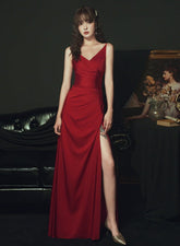 Sexy Wine Red Satin Straps Long Party Dress
