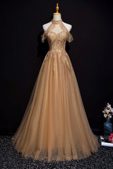 Charming Champagne Tulle Halter Long Party Gown