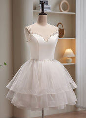 Cute White Short Tulle Beaded Graduation Dress