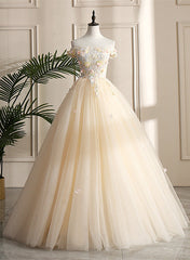 Pretty Tulle Champagne Off Shoulder Prom Dress