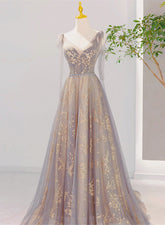 Beautiful V-neckline Lace-up Champagne and Grey Long Formal Dress