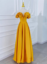 Beautiful Satin Dark Yellow Off Shoulder Party Dress