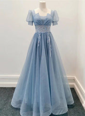 Blue Shiny Tulle Short Sleeves Long Formal Dress