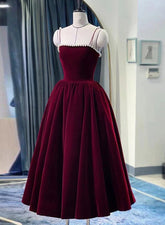 Wine Red Straps Velvet Party Dress with Pearls
