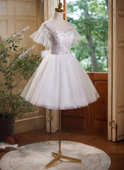 Cute White Tulle with Lace Short Party Dress