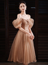 Champagne Tea Length Off Shoulder Champagne Homecoming Dresses