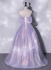 Vestido de fiesta lavanda de tul y lentejuelas en forma de A