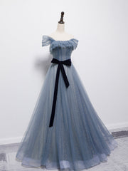 Grey-Blue Tulle Off Shoulder Long Party Dress with Bow