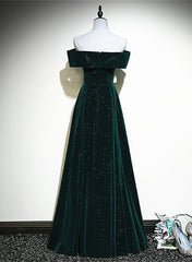A-line Off Shoulder Green Velvet Simple Party Dress