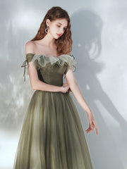 Green Off Shoulder Tulle Long Junior Prom Dress
