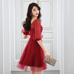 Vestido de fiesta de manga corta color rojo vino para regreso a casa
