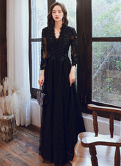 Vestido de fiesta de tul negro con mangas largas y encaje, corte A