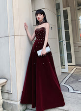 Wine Red Velvet Beaded Long Prom Dress