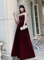 Wine Red Velvet Beaded Long Prom Dress