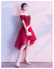 Red High Low Lace Flowers Tulle Off Shoulder Party Dress