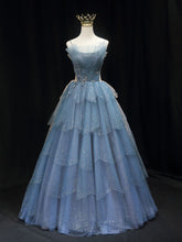 Gorgeous Blue Tulle Layers Beaded Long Wedding Party Dresses