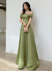 A-line Green Satin Off Shoulder Long Party Dress