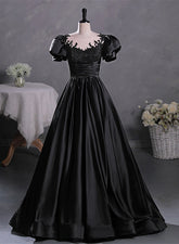 Black Satin A-line Floor Length Long Party Dress with Lace