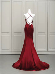 Wine Red Satin Mermaid Straps Low Back Prom Dress
