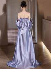 Vestido de fiesta de satén morado claro con cuentas y hombros descubiertos