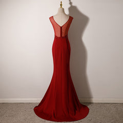 Wine Red Mermaid Floor Length Low Back Evening Dress