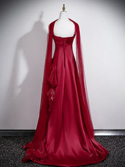 Strapless Wine Red Formal Gown With Organza Skirt