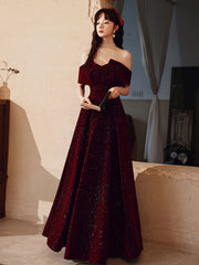 Vestido de fiesta largo hasta el suelo de terciopelo rojo vino