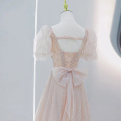 Pink Beaded Tulle Short Sleeves Long Party Dress