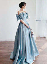 Blue Satin Off Shoulder Long Prom Dress with Bow